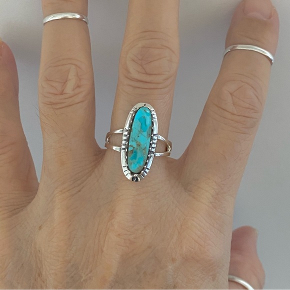 Sterling Silver Oval Genuine Turquoise Ring with Shank, Boho Ring, Silver Rings - Picture 2 of 13